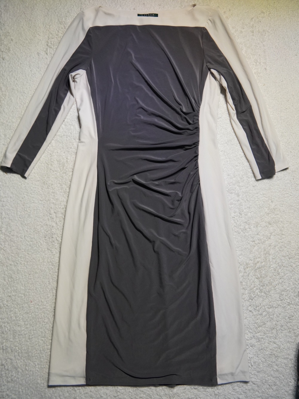 Lauren Ralph Lauren Gray White Colorblock Ruched Dress Size 8